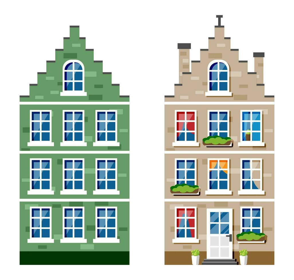 residencial casa icono en holandés estilo. Amsterdam antiguo edificio aislado en blanco. histórico fachada con ventanas, puerta, flores y cortinas arquitectura de Países Bajos. dibujos animados plano vector ilustración