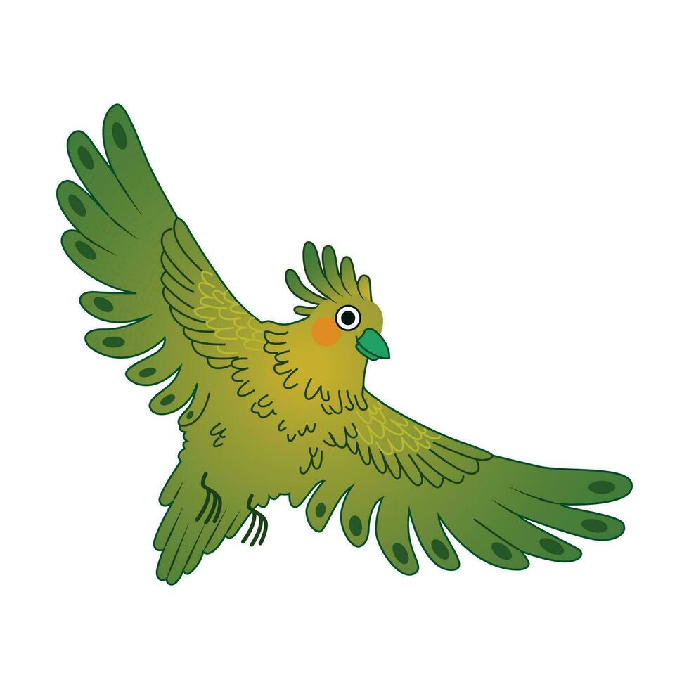 Flying green parrot vector illustration on white background.