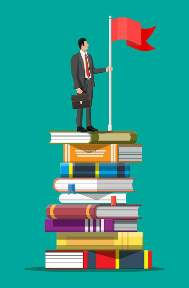 Businessman with flag on stack of books. Business man with briefcase. Education and study. Business success, triumph, goal or achievement. Winning of competition. Vector illustration flat style