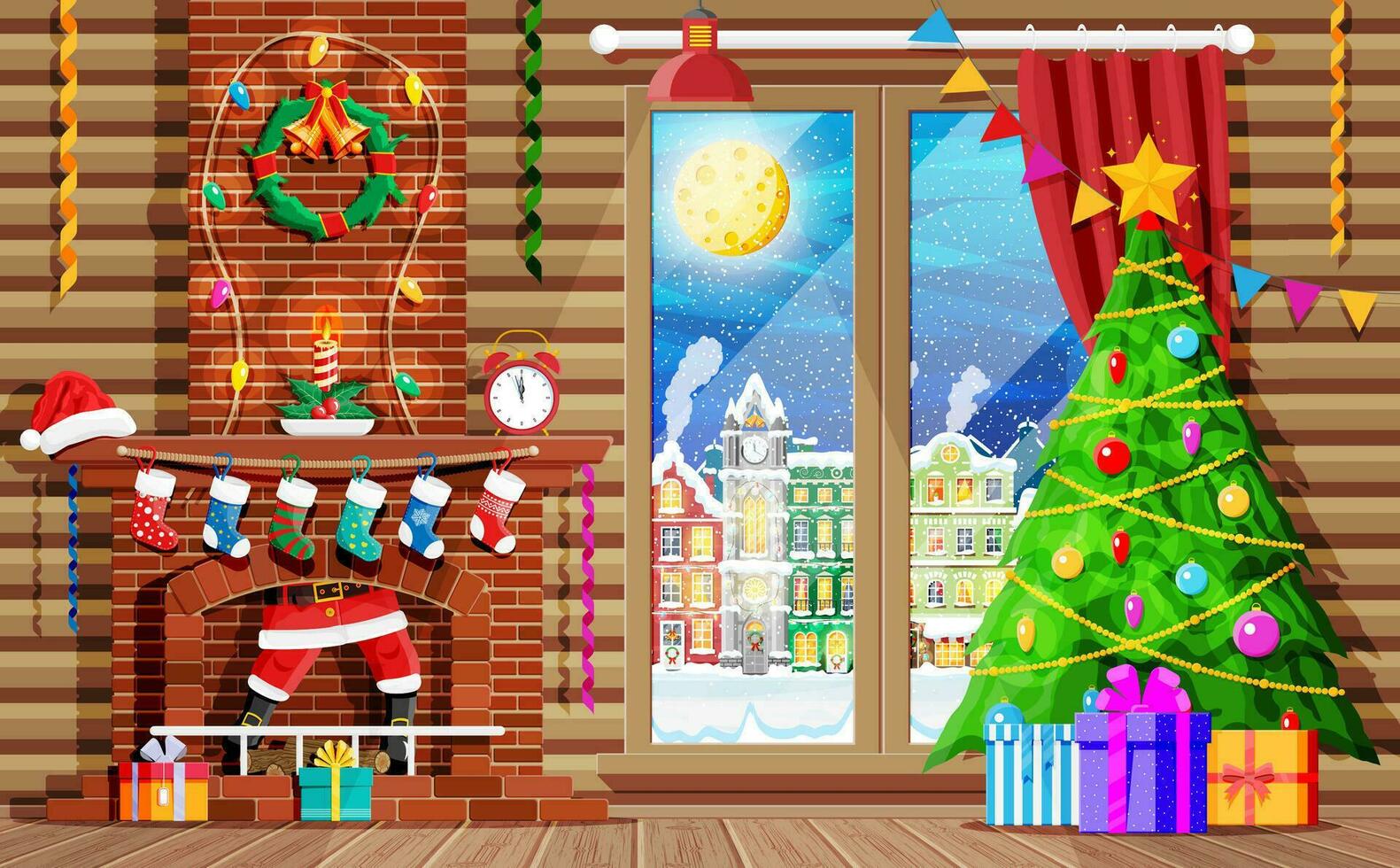 Cozy interior of room with window and fireplace. Happy new year decoration. Merry christmas holiday. New year and xmas celebration. Winter landscape, tree, snow, town. Cartoon flat vector illustration