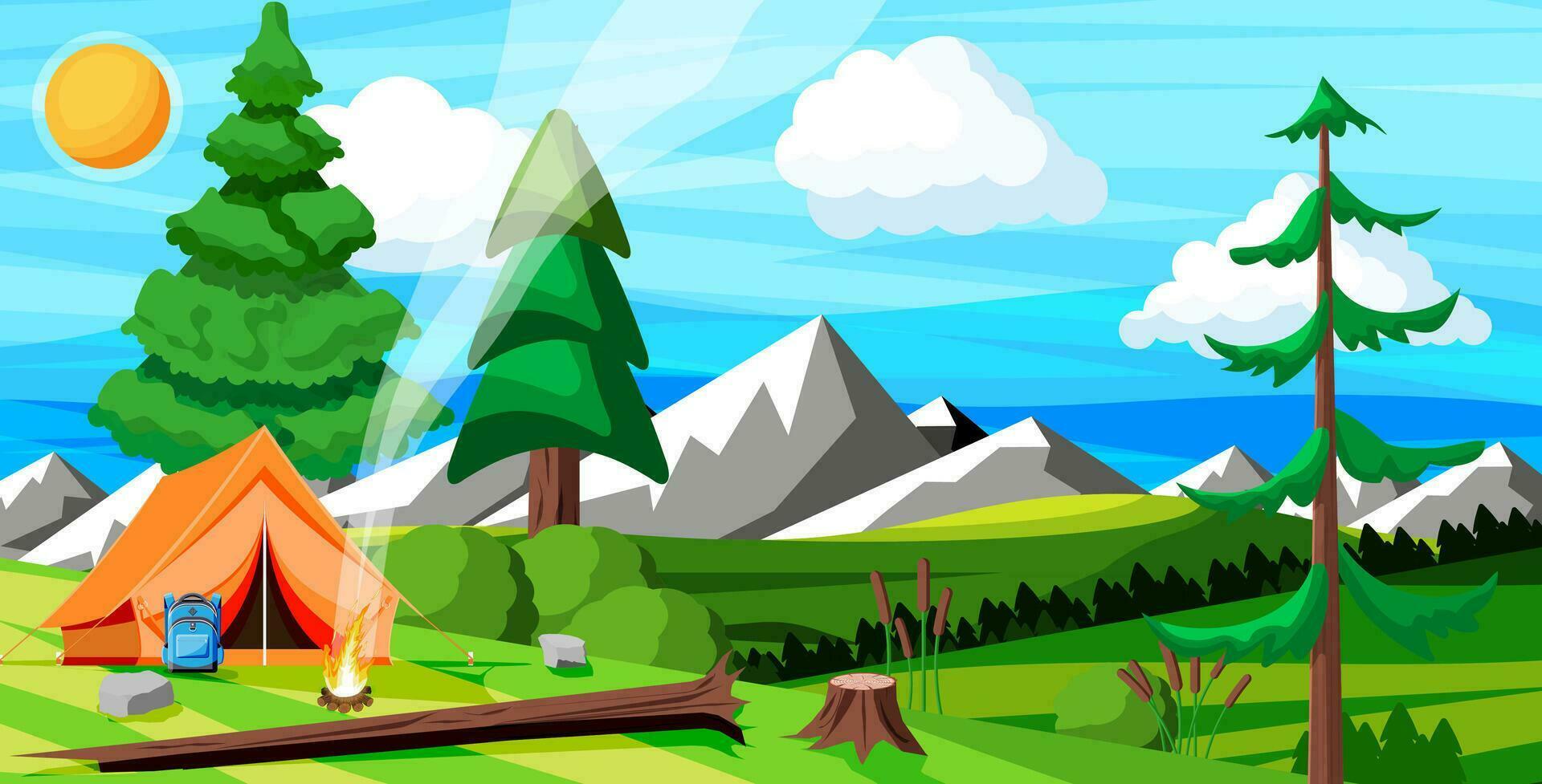 Meadow with Grass and Camping. Tents and Campfire. Summer Landscape Concept. Green Forest and Blue Sky. Countryside Rolling Hills and Mountains. Trees on the Horizon. Flat Vector Illustration