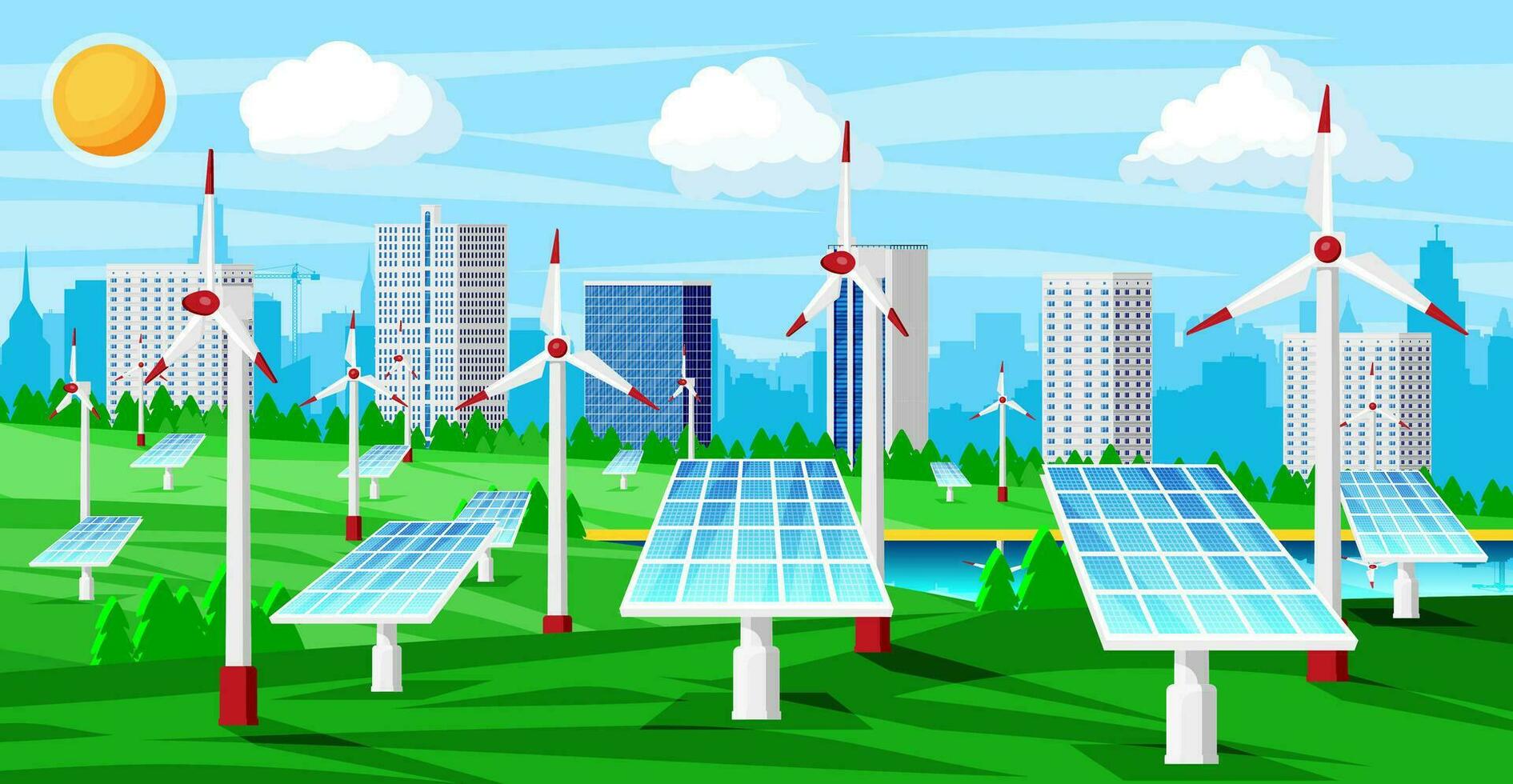 eco tecnología antecedentes. verde energía. paisaje urbano paisaje con solar paneles, viento eléctrico generadores turbina. verde energía fuente. alternativa renovable energía. plano vector ilustración