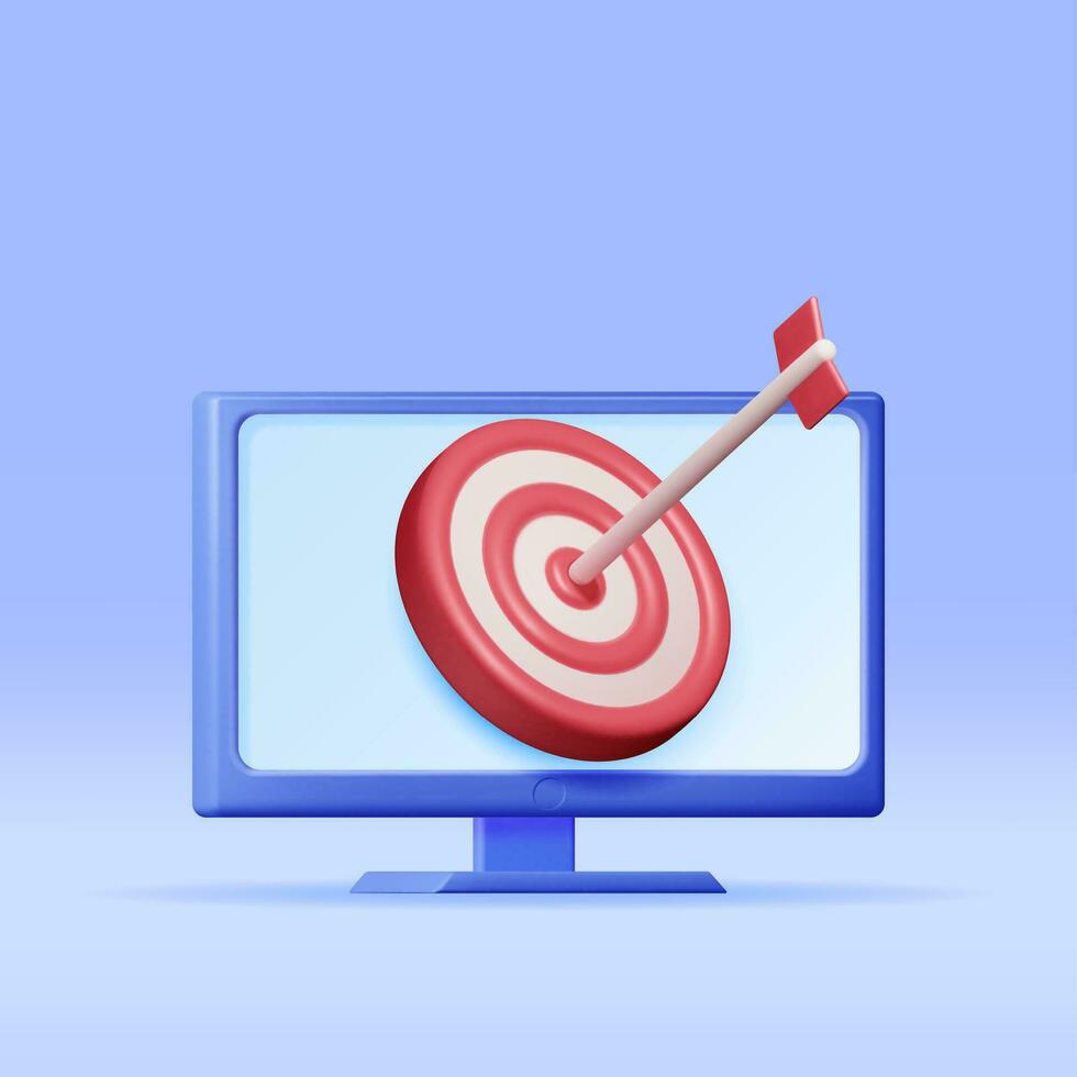 3D Target with Arrow in Center on Computer Screen. Render Dartboard with Arrow and Monitor. Goal Setting. Smart Goal. Business or Finance Target Concept. Achievement and Success. Vector Illustration
