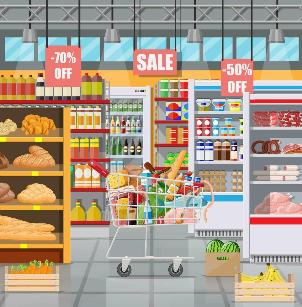 supermercado Tienda interior con bienes. grande compras centro comercial. comestibles tienda. dentro de súper mercado. carro lleno de alimento. tienda de comestibles, bebidas, frutas, lechería productos vector ilustración en plano estilo