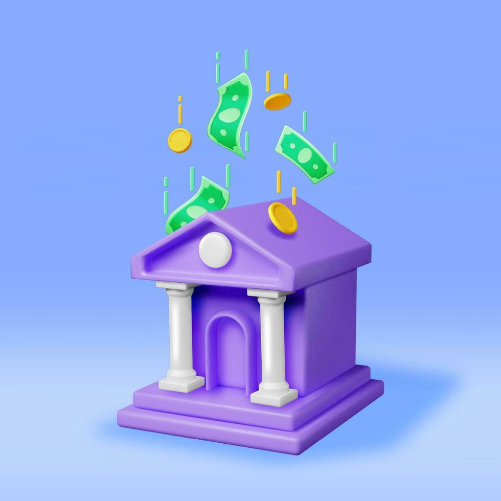 3d banco edificio y efectivo dinero. hacer financiero casa icono. construcción con columnas en antiguo diseño. dinero depositar y retiro, financiero actas Servicio bancario. vector ilustración