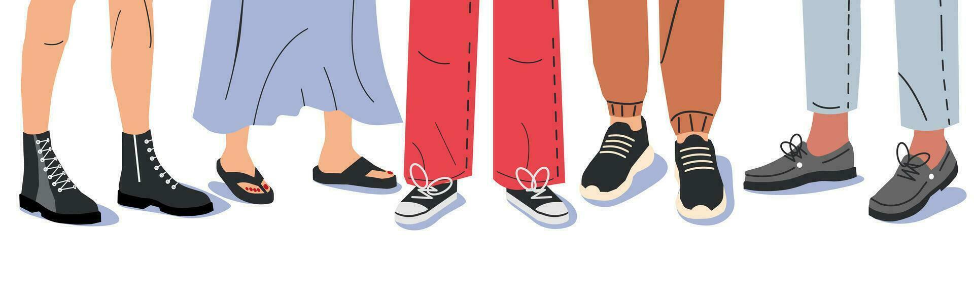 Woman and Man Legs in Stylish Sneakers. Set of Various Female and Male Shoes with Feet. Boots, Sneakers, Boat, Topsider. Girl and Boy Footwear. Different Female Shoes. Cartoon Flat Vector Illustration