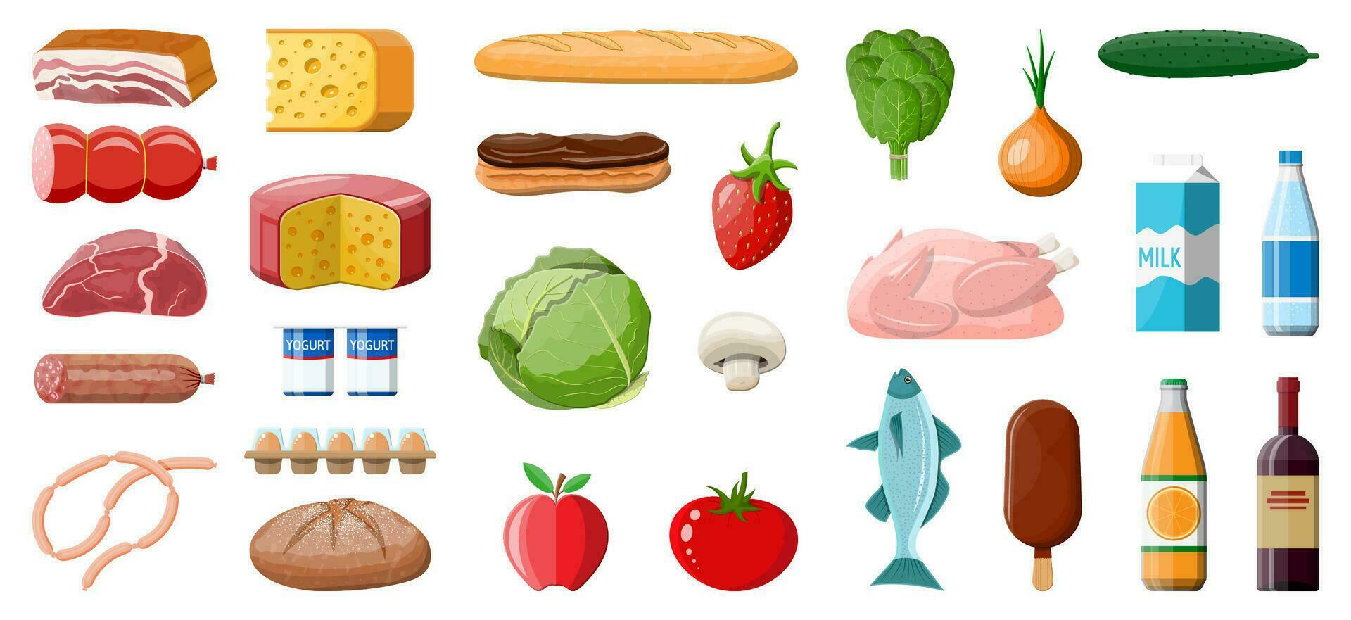 Groceries set. Grocery store collection. Supermarket. Fresh organic food and drinks. Milk, vegetables, meat, chicken cheese, sausages, wine fruits, fish cereal juice. Vector illustration flat style