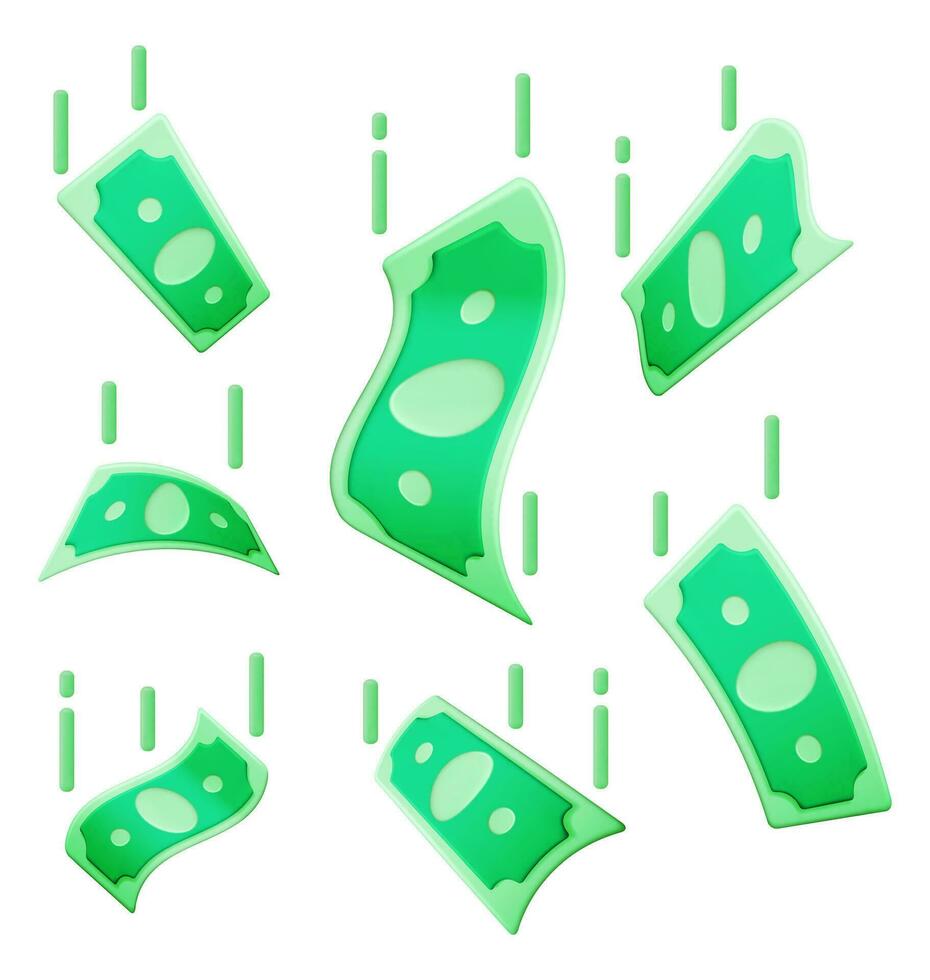 3D Set of Dollar Banknote Icon Isolated. American Dollar Paper Money Pile Render. USD Green Money Sign. Growth, Income, Savings, Investment. Symbol of Wealth. Business Success. Vector Illustration