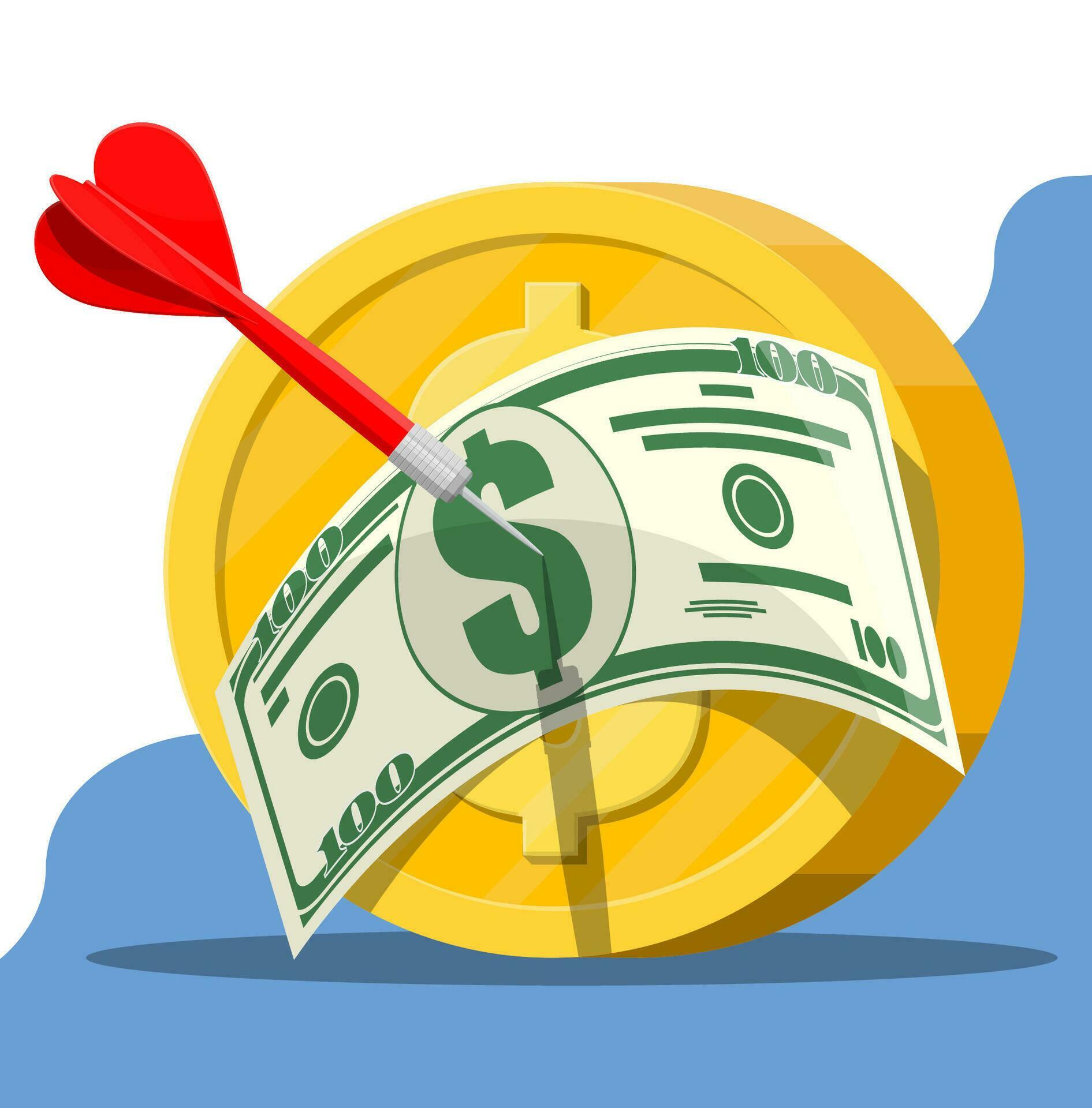 Dart arrow in dollar banknote and coin target. Goal setting. Smart goal