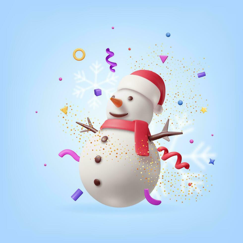 3D Holiday Snowman and Confetti. Render Snow Man in Confetti Rain. Happy New Year Decoration. Merry Christmas Holiday. New Year Xmas Celebration. Vector illustration