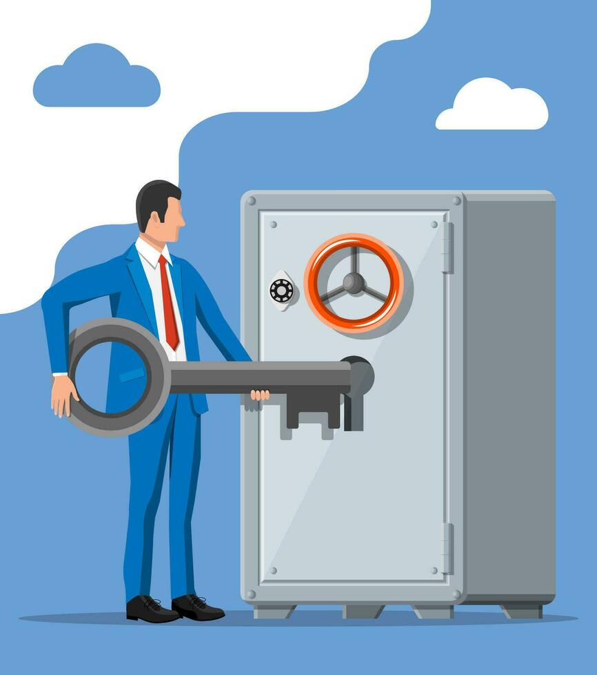 Businessman with key near vault room safe door. Open or access to bank account. Bank security, capital protection, banking business, Locked safe and clerk with key. Flat vector illustration
