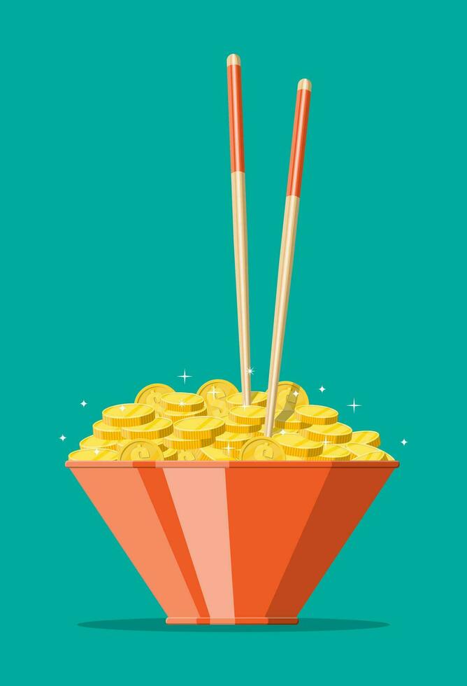 Bowl full of gold coins and chopsticks. Money, concept of savings, donation, paying. Symbol of wealth. Vector illustration in flat style