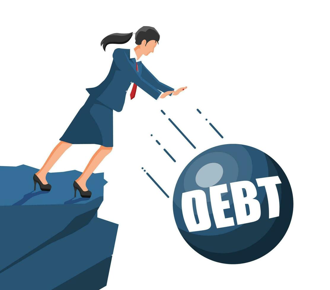 Businesswoman pushing debt weight out. Big heavy debt weight burdren and business woman in suit. Tax burden, financial crime, fee, crisis and bankruptcy. Vector illustration in flat style