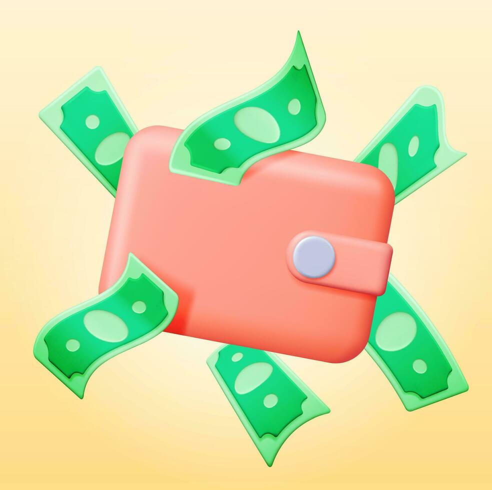 3D Falling Dollar Banknotes and Leather Wallet. Money and Purse. Payment Exchange Concept. Render Green Bills. Growth, Income, Savings, Investment, Wealth. Business Success. Vector illustration.