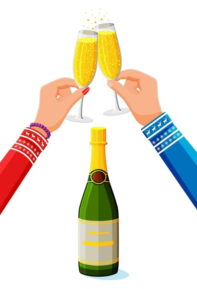 Clinking glass in hands, bottle of champagne. Christmas toast concept. Happy new year banner. Merry christmas holiday. New year and xmas celebration. Vector illustration flat style