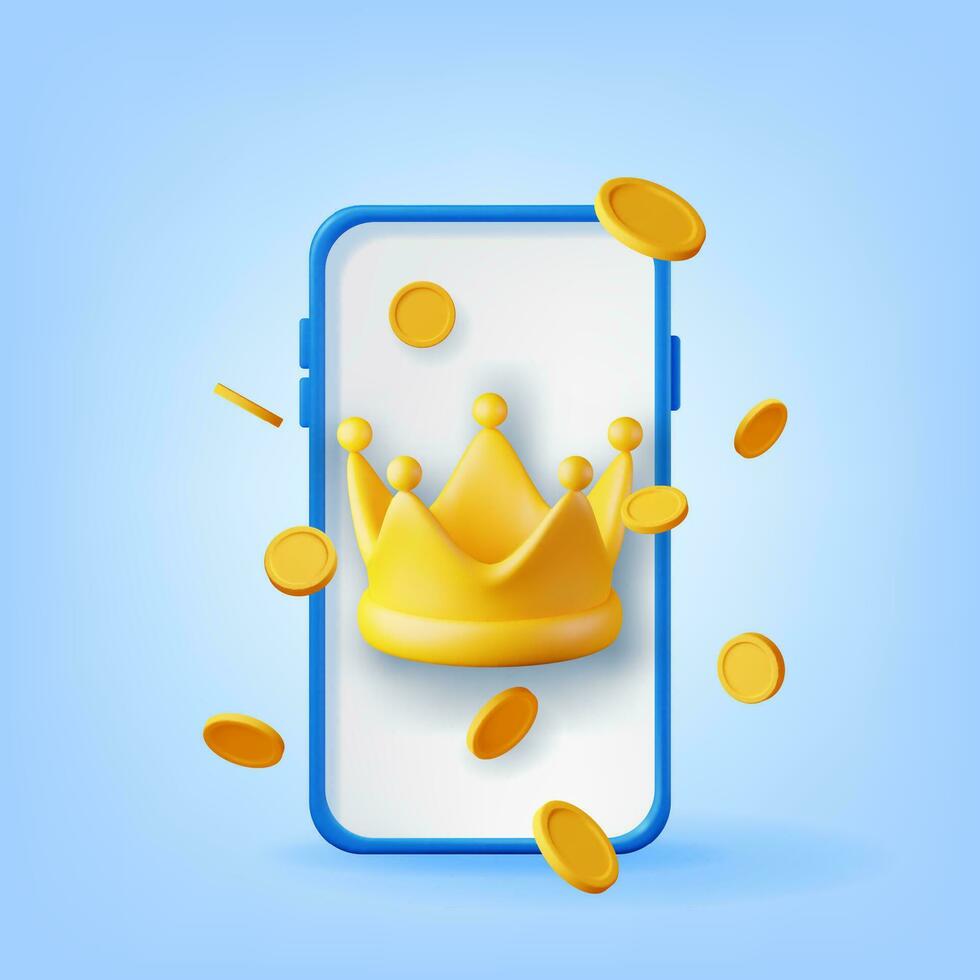 3D Gold Crown on Smartphone Screen Isolated. Render Golden Crown with Coins and Phone. Emoticon for VIP, Rich, Winner Luxury Premium Success. Customer Feedback, Rating or Status. Vector Illustration