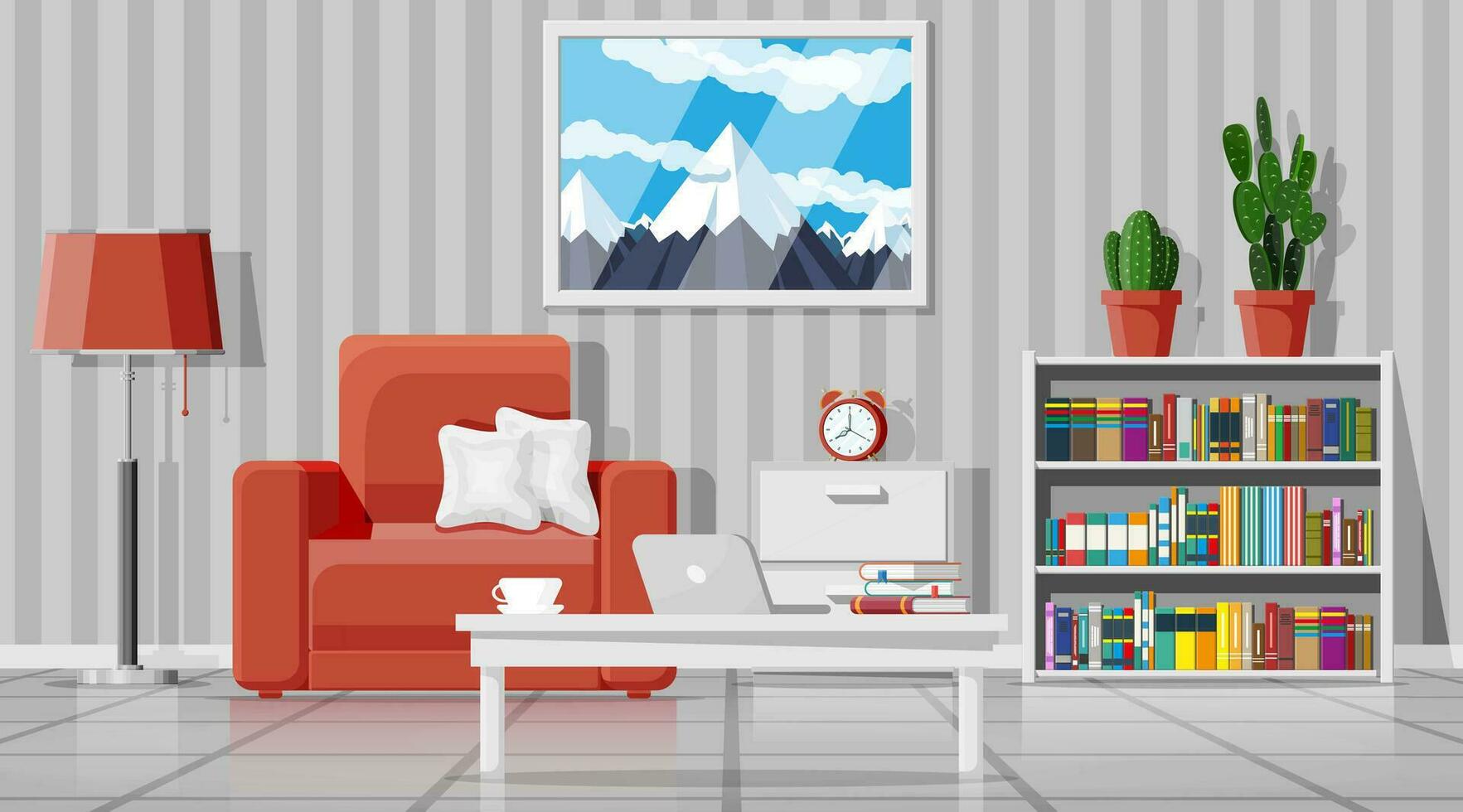 Interior of modern living room. Armchair, plant, picture of mountain, lamp, table, library and cabinet. Home decor. Interior for relax and work. Inside of house. Cartoon flat vector illustration