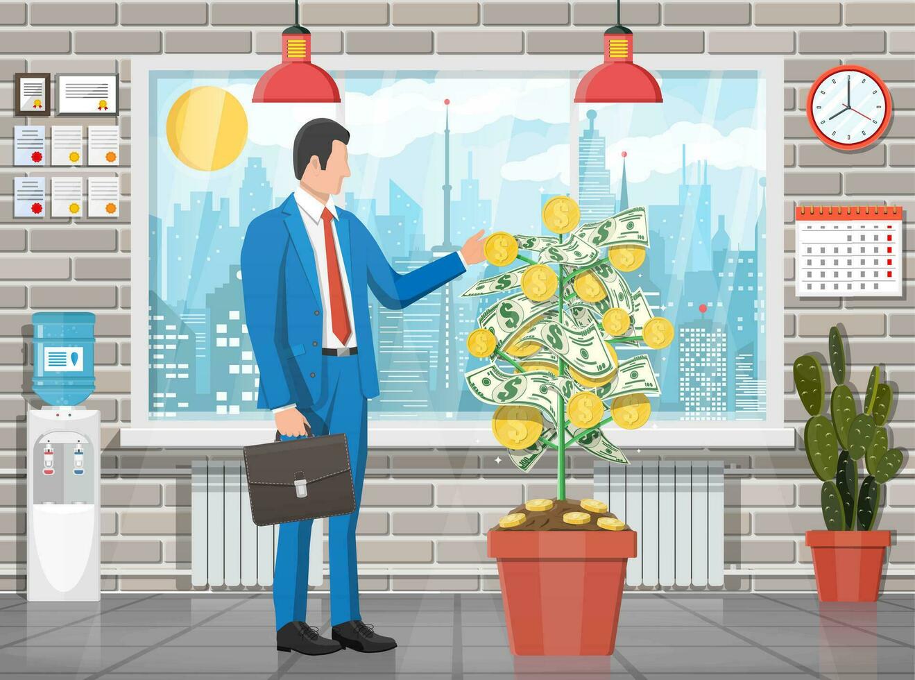 Businessman harvests from money coin tree. Growing money tree. Investment, investing. Gold coins and dollar banknotes on branches. Symbol of wealth. Business success. Flat vector illustration.