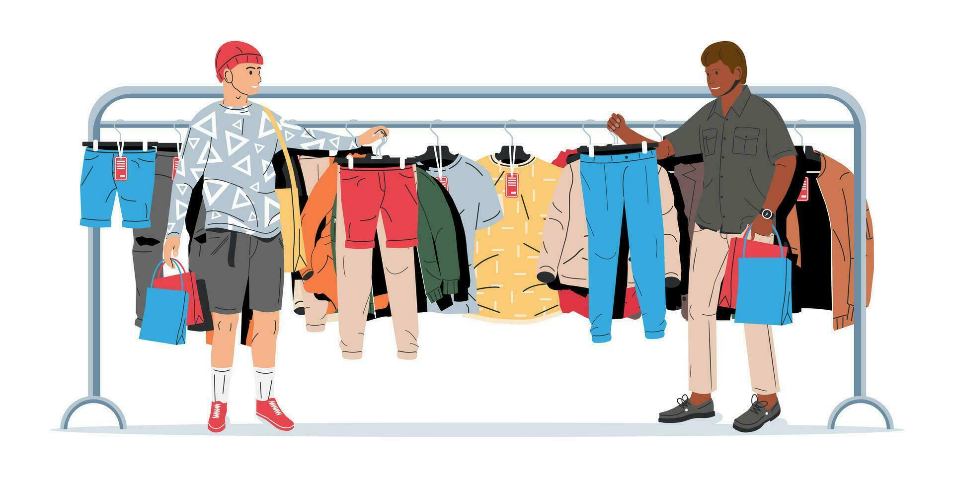 Man Near Rack with Clothes. Mens Clothes on Hanger. Home or Shop Wardrobe. Clothes and Accessories. Various Hanging Clothing. Jacket, Shirt, Jeans, Pants. Cartoon Flat Vector Illustration