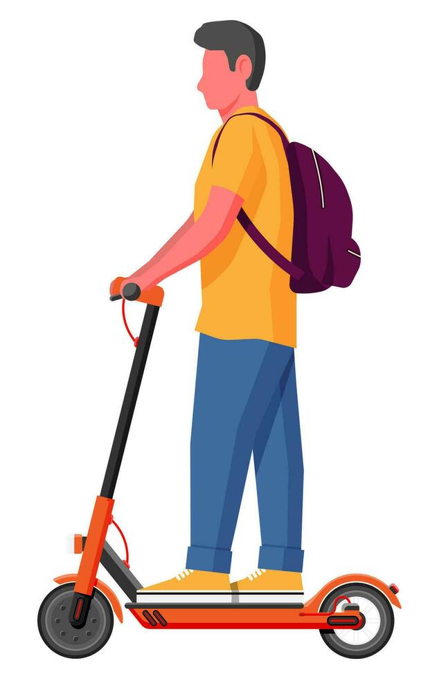 Young man on kick scooter. Guy with backpack rolling on electric scooter. Hipster character uses modern urban transport. Ecological, convenient city transportation. Cartoon flat vector illustration