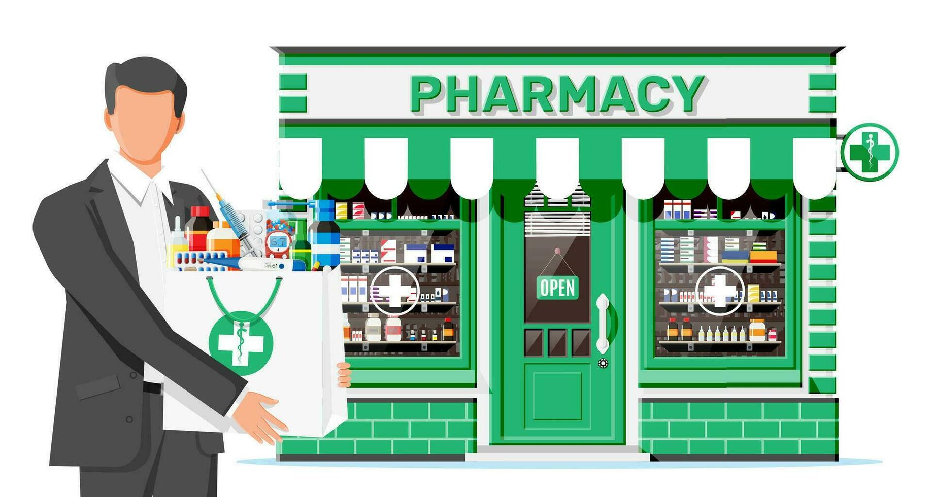 Man holding drugstore bag in front of pharmacy shop. Set of bottles, tablets, pills, capsules and sprays for illness and pain treatment. Medical drug, vitamin, antibiotic. Flat vector illustration