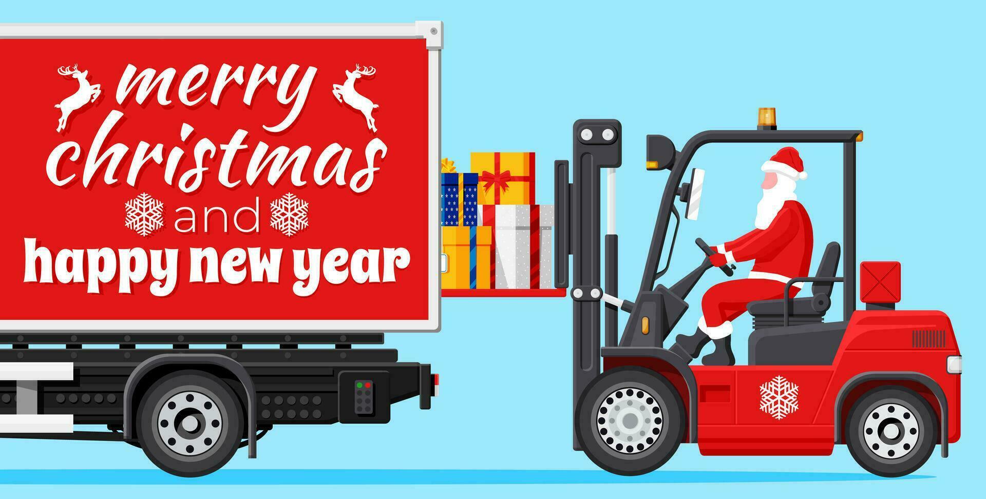 Santa Claus in Red Forklift Loaded with Pile of Gift Boxes and Truck. Christmas Presents Delivery and Shipping. Happy New Year. Merry Christmas Holiday. New Year and Xmas. Flat Vector Illustration