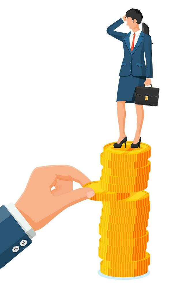 Hand tries to pull coin out of coin stack with businesswoman. Concept of economy problem or financial crisis, recession, inflation, bankruptcy, income lost, loss of capital. Flat vector illustration