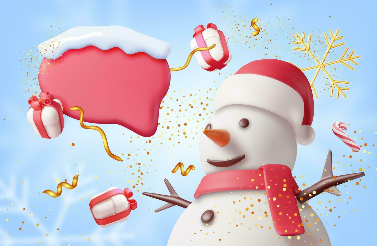 3D Christmas Banner with Snowman and Chat Bubble. Render Happy New Year Decoration. Merry Christmas Holiday. New Year and Xmas Celebration. Realistic Vector Illustration