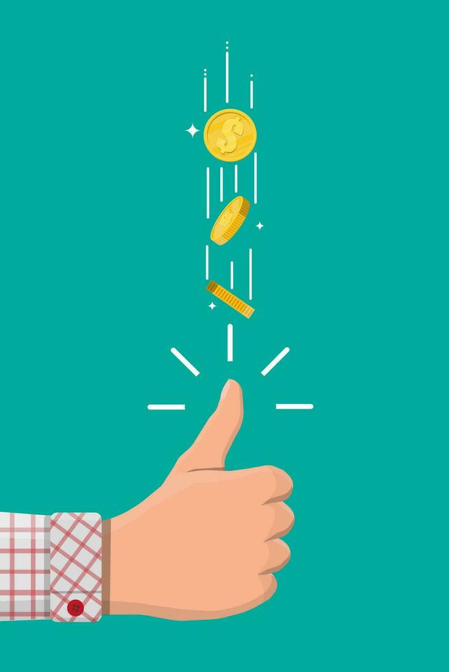 Hand of businessman tossing golden dollar coin. Decision making by chance with coin. Excitement, luck, fortune. Vector illustration in flat style