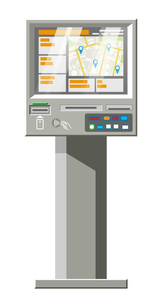 calle pago terminal aislado en blanco. yo Servicio financiero equipo. pago para servicios y bienes. Cajero automático, boleto máquina o estacionamiento metro, de pie. dibujos animados plano vector ilustración