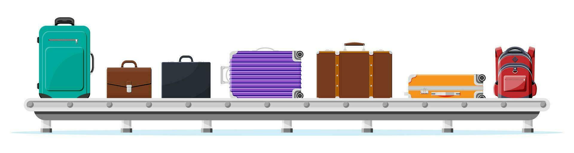 Luggage Carousel Against Airport Window With Taking Off Plane. Conveyor Belt With Passenger Luggage. Baggage Claim In Airport Isolated. Logistic And Delivery. Cartoon Flat Vector Illustration