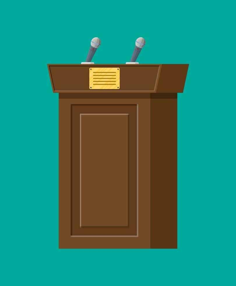 Brown wooden rostrum with microphones for presentation. Stand, podium for conferences, lectures or debates. Vector illustration in flat style