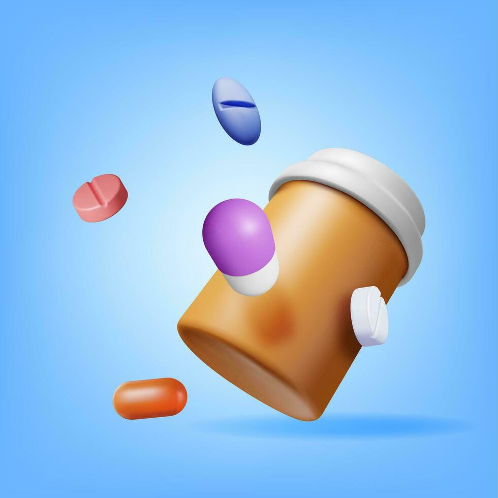 3d el plastico botella lleno de pastillas hacer medicina paquete para pastillas, cápsula, drogas caja para enfermedad y dolor tratamiento. médico droga, vitamina, antibiótico. cuidado de la salud farmacia. vector ilustración