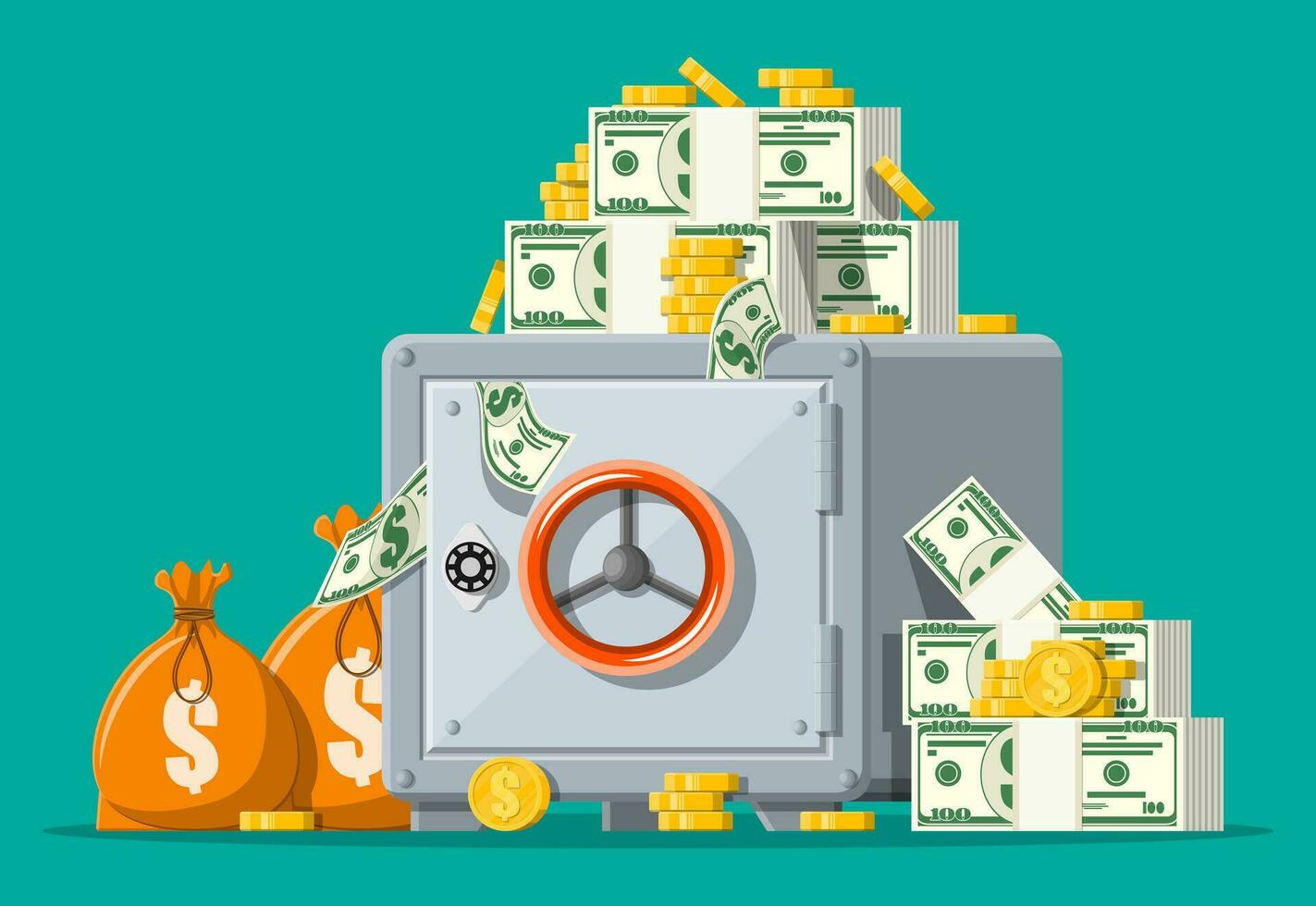Safe box front view. Closed silver metallic safe with money. Gold coins, stacks of dollar cash, bags with money. Bank vault security, deposit storage, cash safety safebox. Flat vector illustration