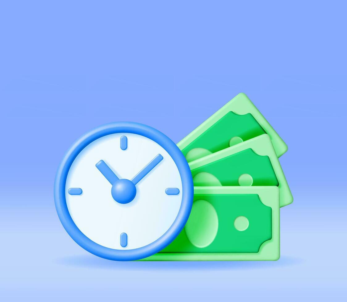 3D Clock with Dollar Banknotes Isolated. Render Time is Money Concept Annual Revenue, Financial Investment, Savings, Bank Deposit, Future Income, Money Benefit. Vector Illustration