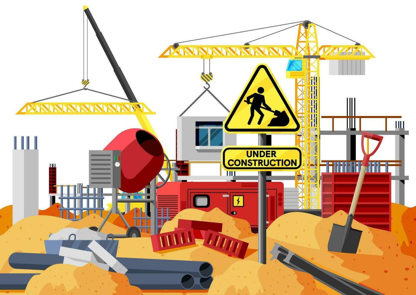Construction Site Banner. Concrete Mixer, Shovel, Tower Crane and Bricks in Pile of Sand. Under Construction Design Background. Building Materials and Equipment. Cartoon Flat Vector Illustration