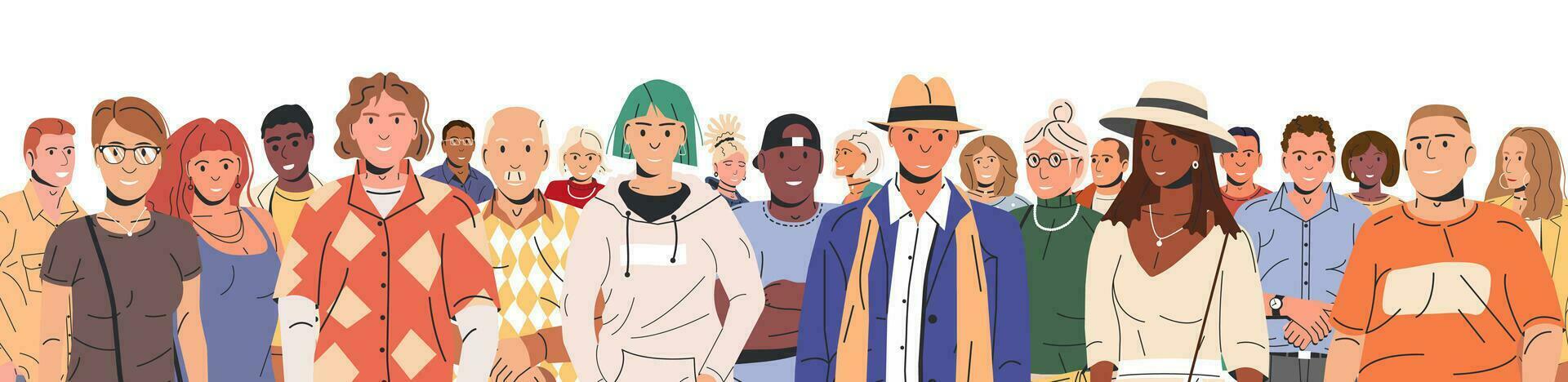 diverso multicultural y multirracial personas grupo. hombre y mujer en de moda atuendo en pie juntos. personas con diferente peinados y etnias en casual ropa. plano vector ilustración