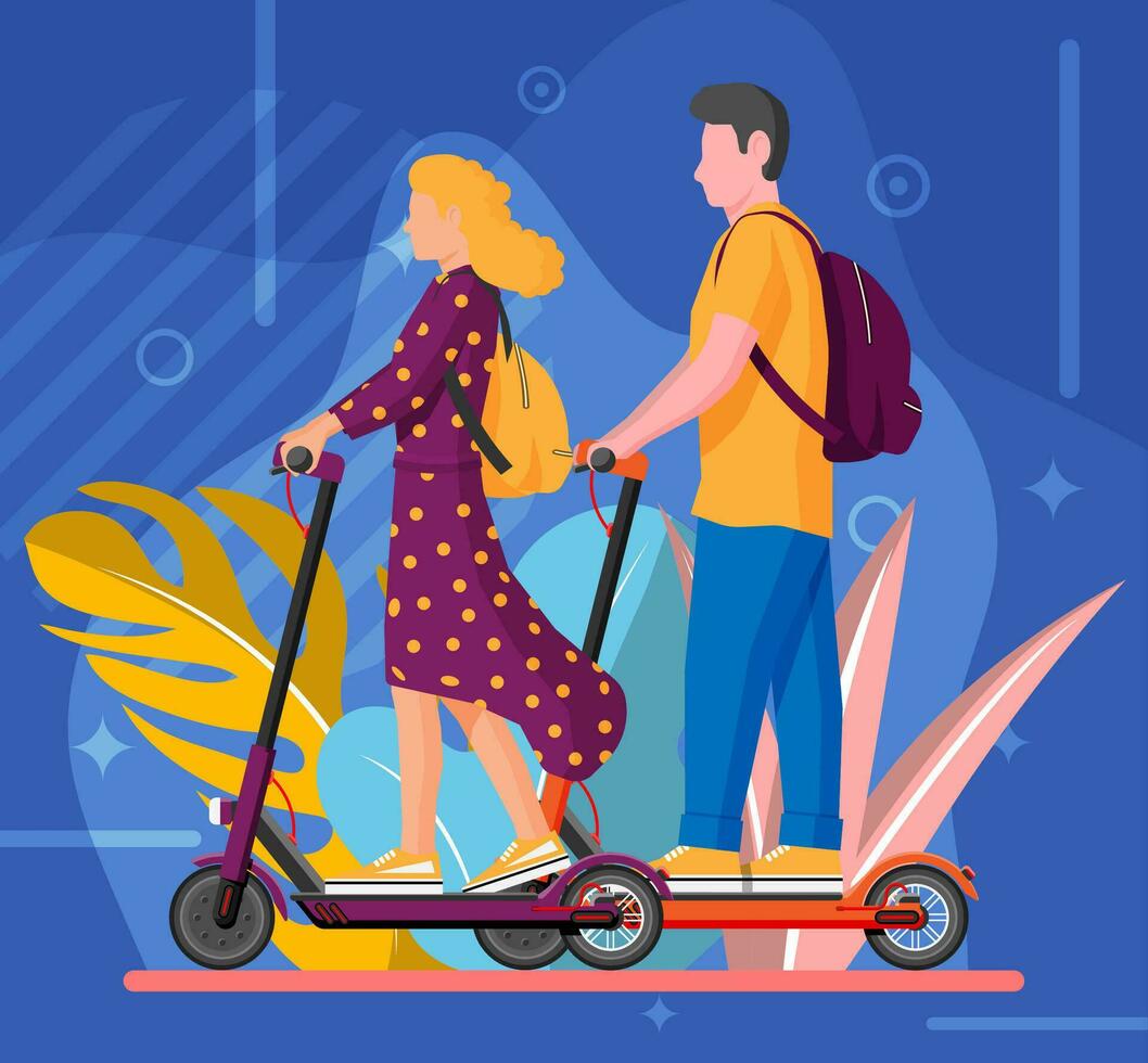Young woman and man on kick scooter. Girl and guy with backpack rolling on electric scooter. Hipster character uses modern urban transport. Ecological city transportation. Flat vector illustration