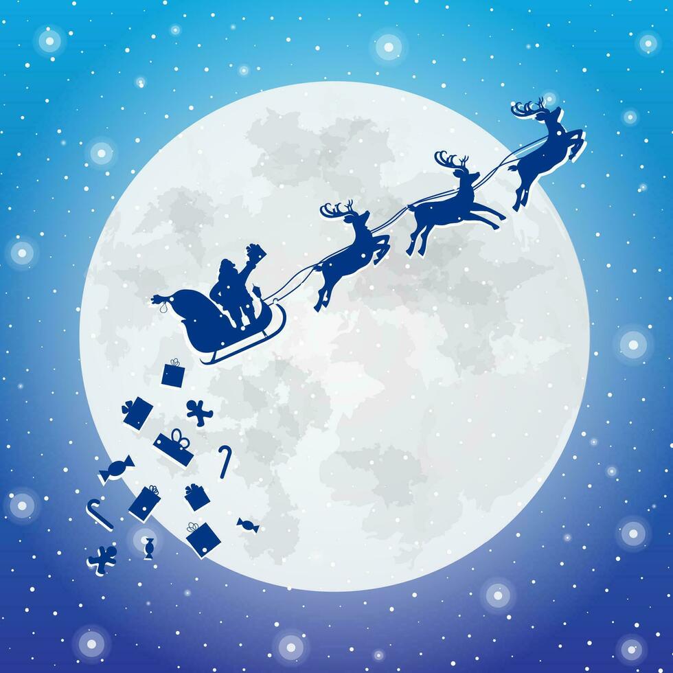 Santa claus on sleigh full of gifts and his reindeer. Santa drops christmas presents. Happy new year decoration. Merry christmas holiday. New year and xmas celebration. Silhouette vector illustration