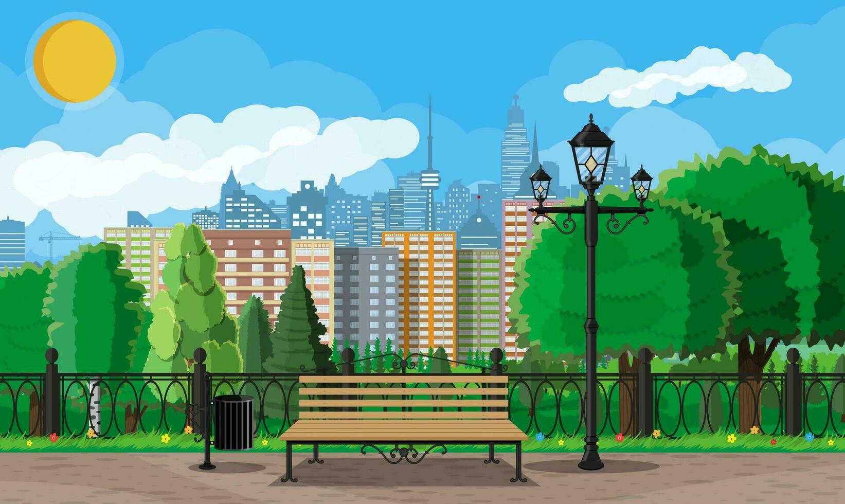 City park concept. Urban forest panorama with fence. Cityscape with buildings and trees. Sky with clouds and sun. Leisure time in summer city park. Vector illustration in flat style