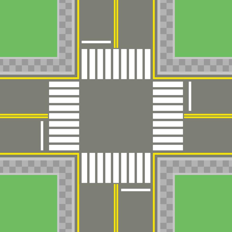 Empty asphalt crossroad with marking, walkways. Roundabout road junction. Traffic regulations. Rules of the road. Vector illustration in flat style