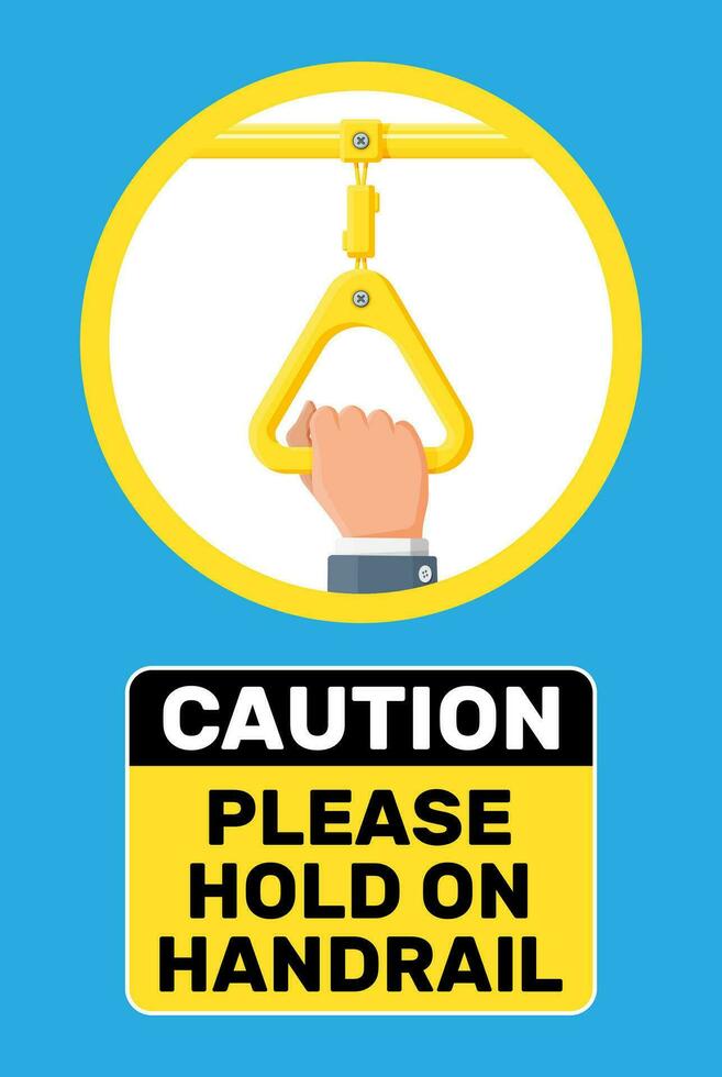 Hand holding the handrail in transport. Handles for safety transportations of passengers in bus, metro, train. Straight yellow handle and hand isolated on white. Cartoon flat vector illustration