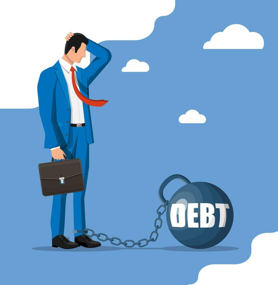 Businessman chained to big heavy debt weight with shackles. Character tied by chain to large dumbbell. Business man corporate slavery. Tax, debt, fee, crisis and bankruptcy. Flat vector illustration