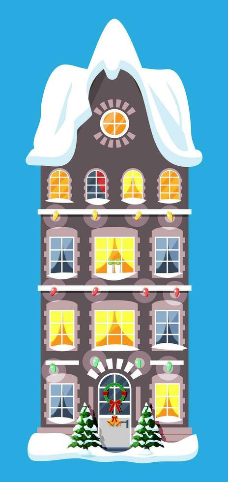 City House Covered Snow. Building in Holiday Ornament. Christmas Tree Spruce, Wreath. Happy New Year Decoration. Merry Christmas Holiday. New Year and Xmas Celebration. Flat Vector Illustration