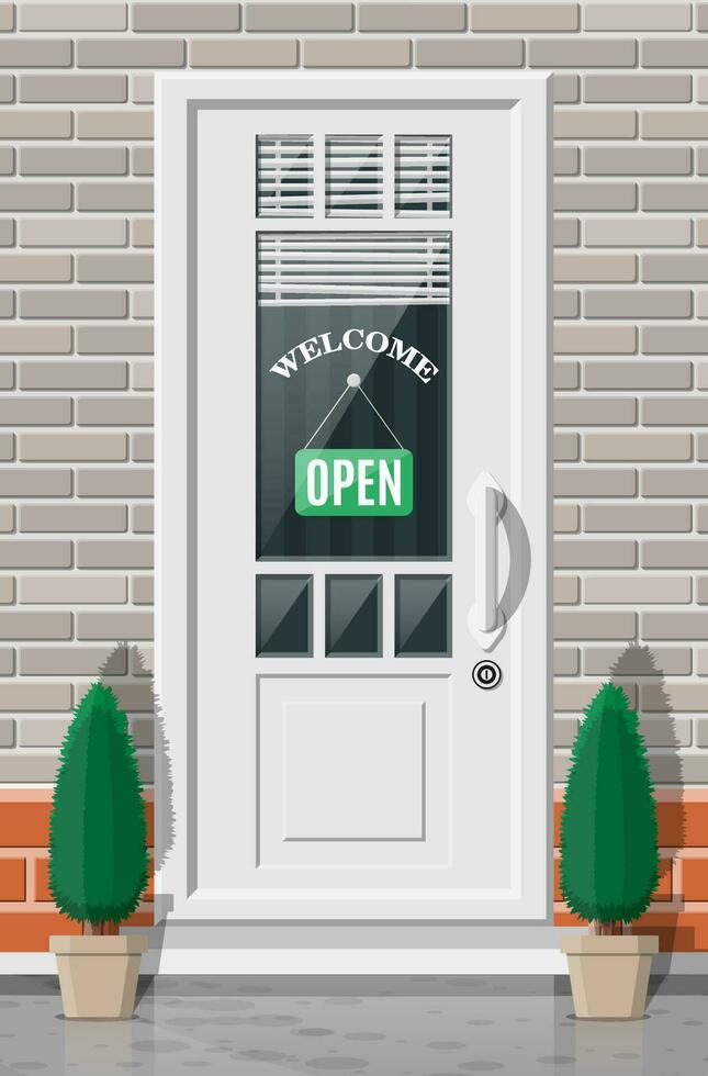 Wooden cottage door with windows and window blind. Closed door with chrome handle and open sign, welcome word. Concpet of invitation to enter or new opportunity. Flat vector illustration