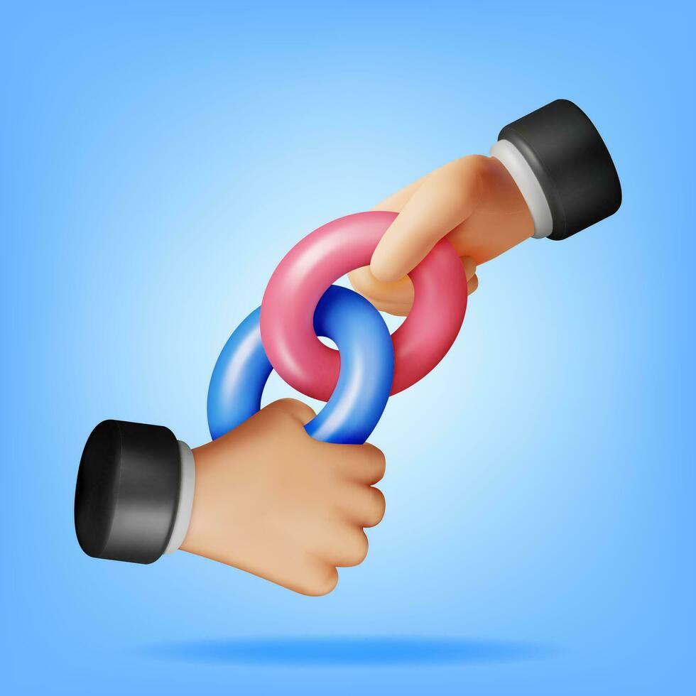 3D Rings in Hands Connected in Chain Isolated. Render Linked Circle Symbol. Linked Torus Sign. Realistic Rings Connected Into Fragment of Chain. Sketch for creativity. Cartoon Vector Illustration