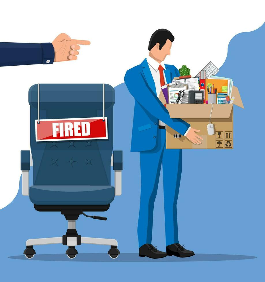 Dismiss employee, chair with fired word plate and cardboard box with office items. Hiring and recruiting. Human resources management concept searching professional staff work. Flat vector illustration