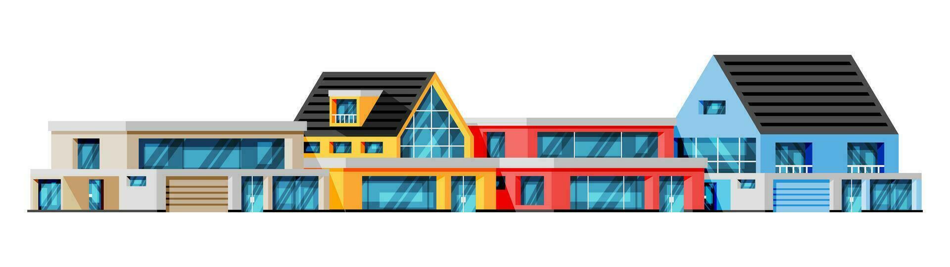 Set of Modern Energy Efficient Building. Exterior or Facade of Small City Apartment. Urban Fashioned Residential Brick Building. Suburban Living Houses with Balconies. Flat Vector Illustration