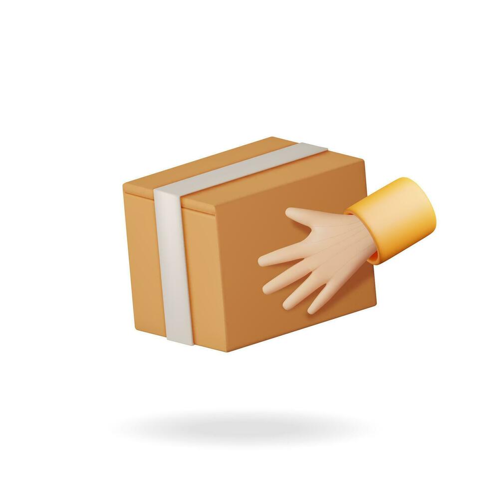 3D Carton Packaging Box in Hand Isolated. Render Cardboard Package with Cover. Postal Signs of Fragile. Carton Delivery Packaging. Presentation, Gift Transportation and Logistics. Vector Illustration