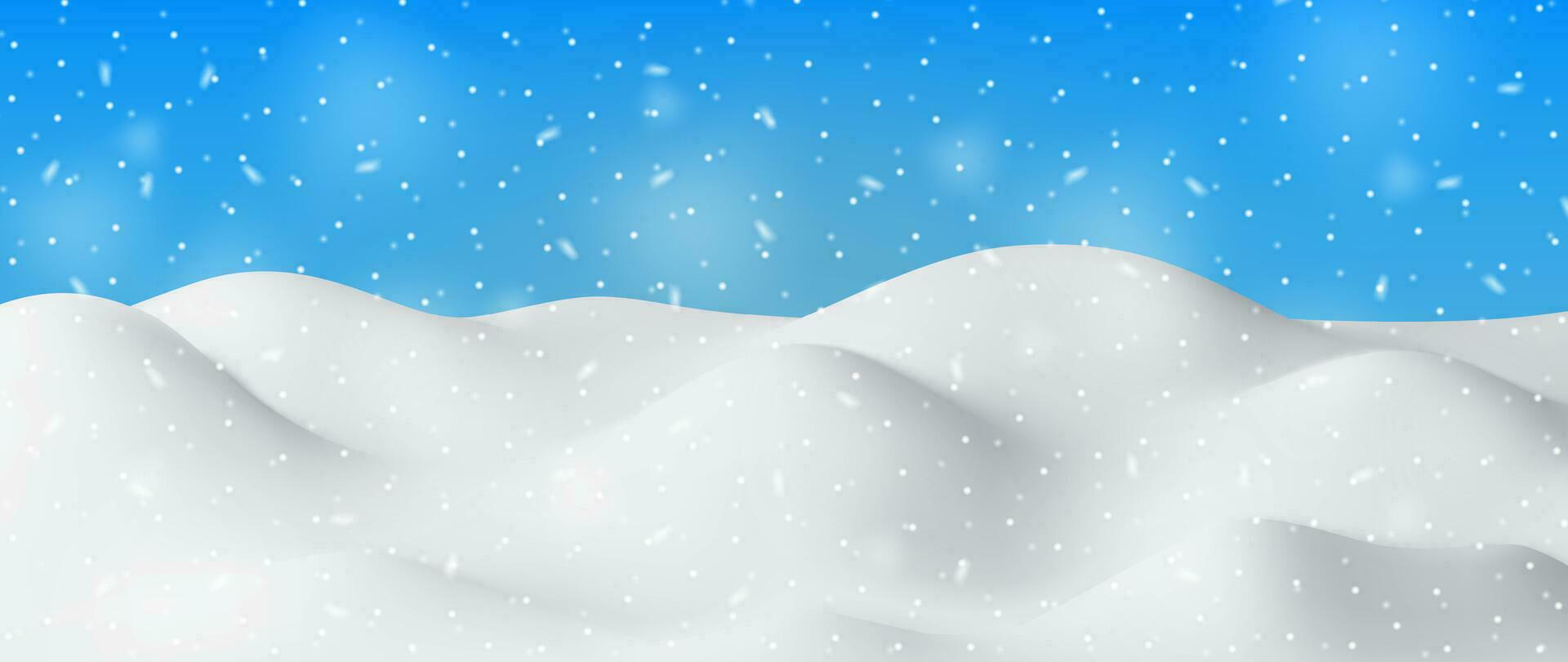 3D Winter Landscape with Snowdrifts and Snow. Render Christmas Snow Drifts on Blue Sky Background. Winter Snow Ground, Snowdrift Mound, Ice layer. Realistic Vector Illustration